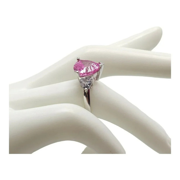 Sterling Silver .925 Lab Pink Sapphire CZ Triangle Cocktail Ring Size 6 - Picture 3 of 7